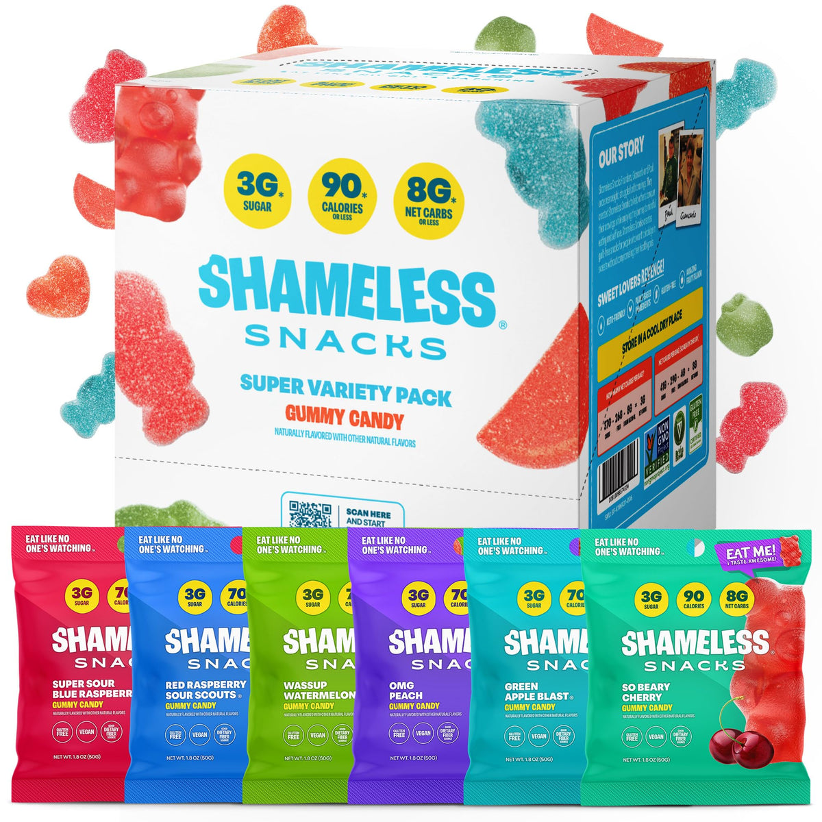 Shameless Snacks watermelon gummies: keto-friendly, low-calorie fruit flavor.