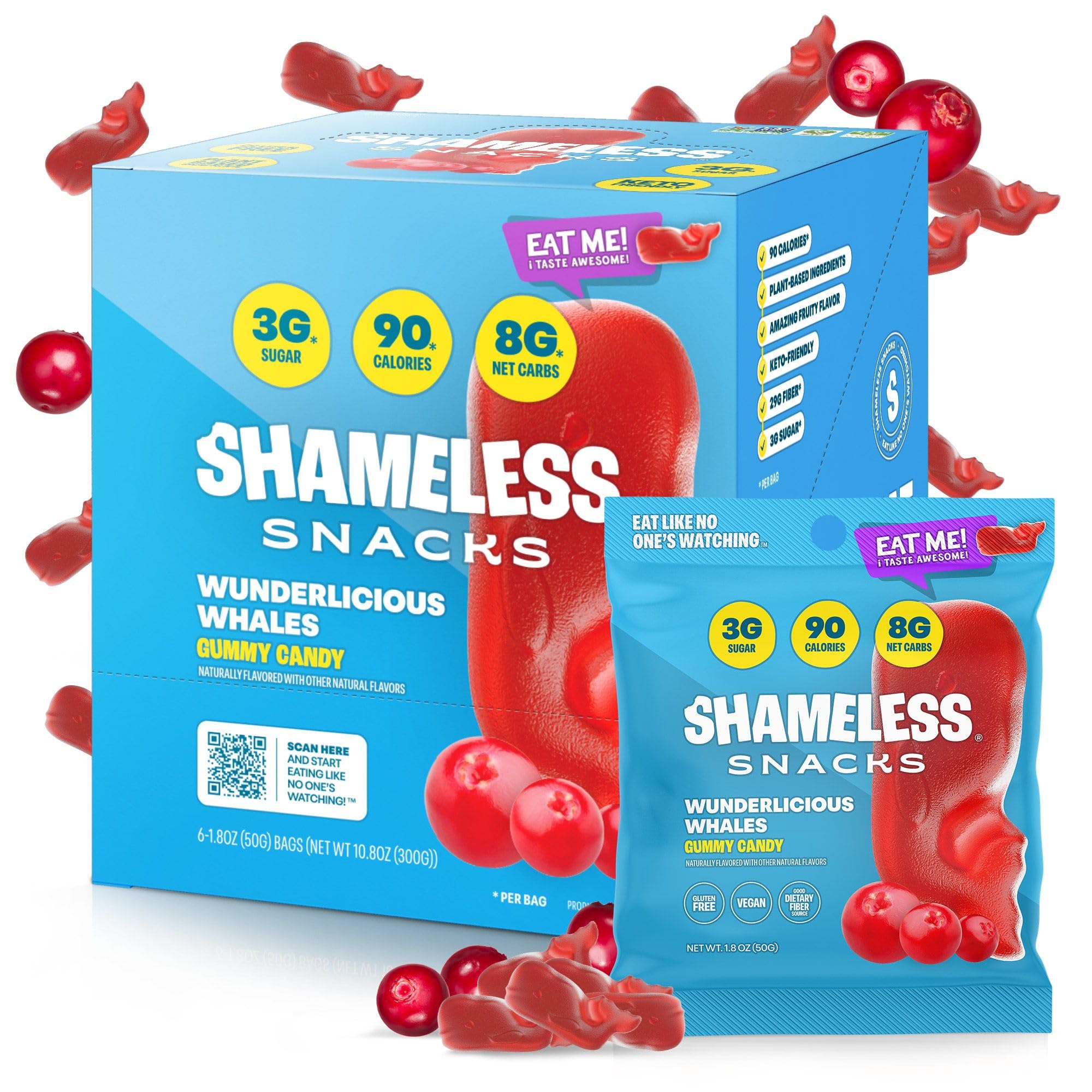 Shameless Snacks Wunderlicious Whales pack front shows gluten-free, low calorie gummies for everyday snacking.