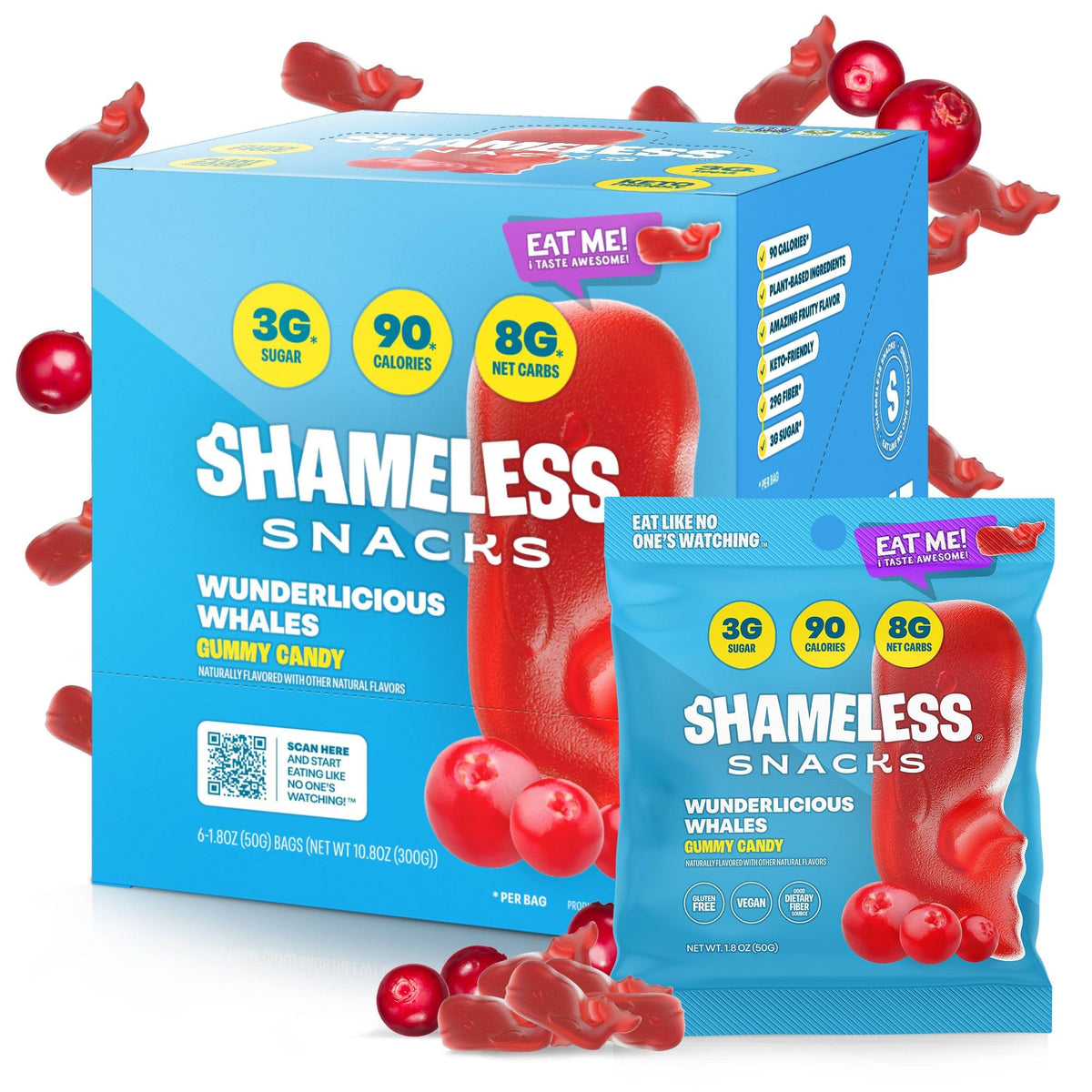 Shameless Snacks Wunderlicious Whales pack front shows gluten-free, low calorie gummies for everyday snacking.