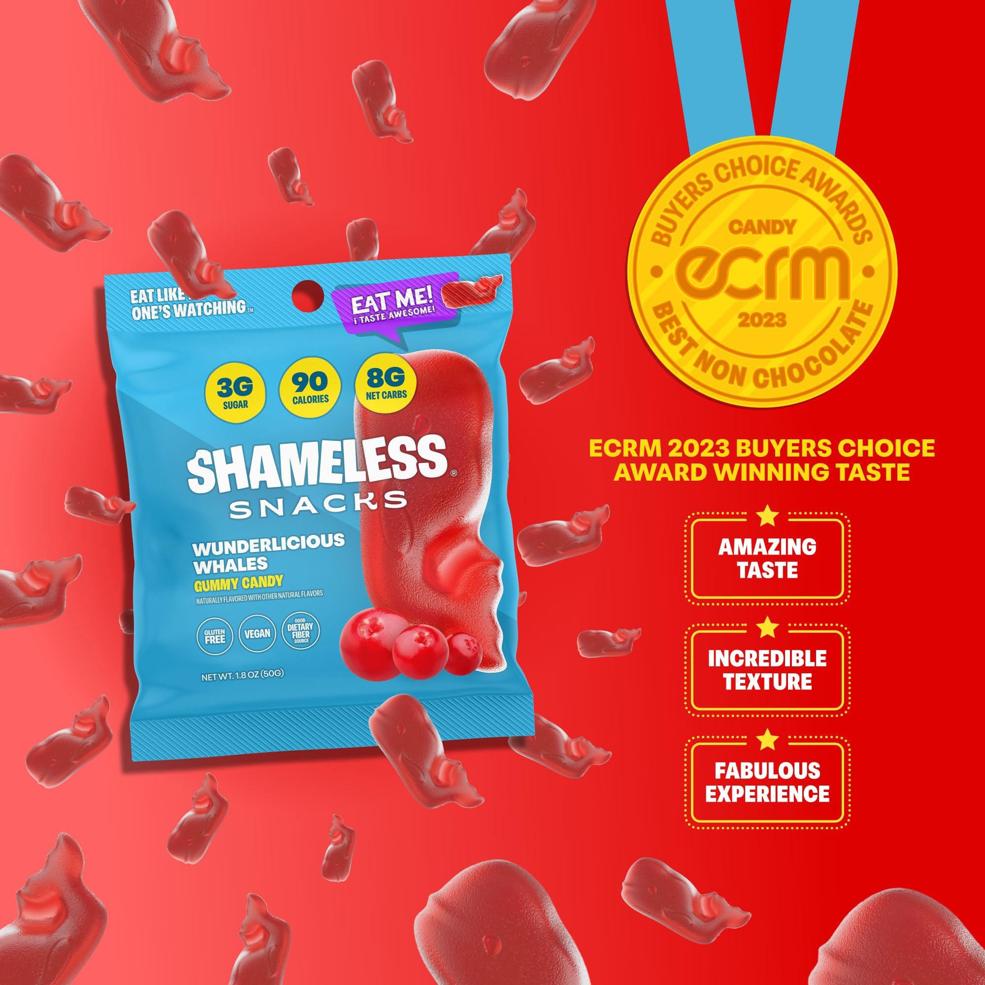 Shameless Snacks Wunderlicious Whales vegan symbol signals dairy-free, animal-product-free candy options.