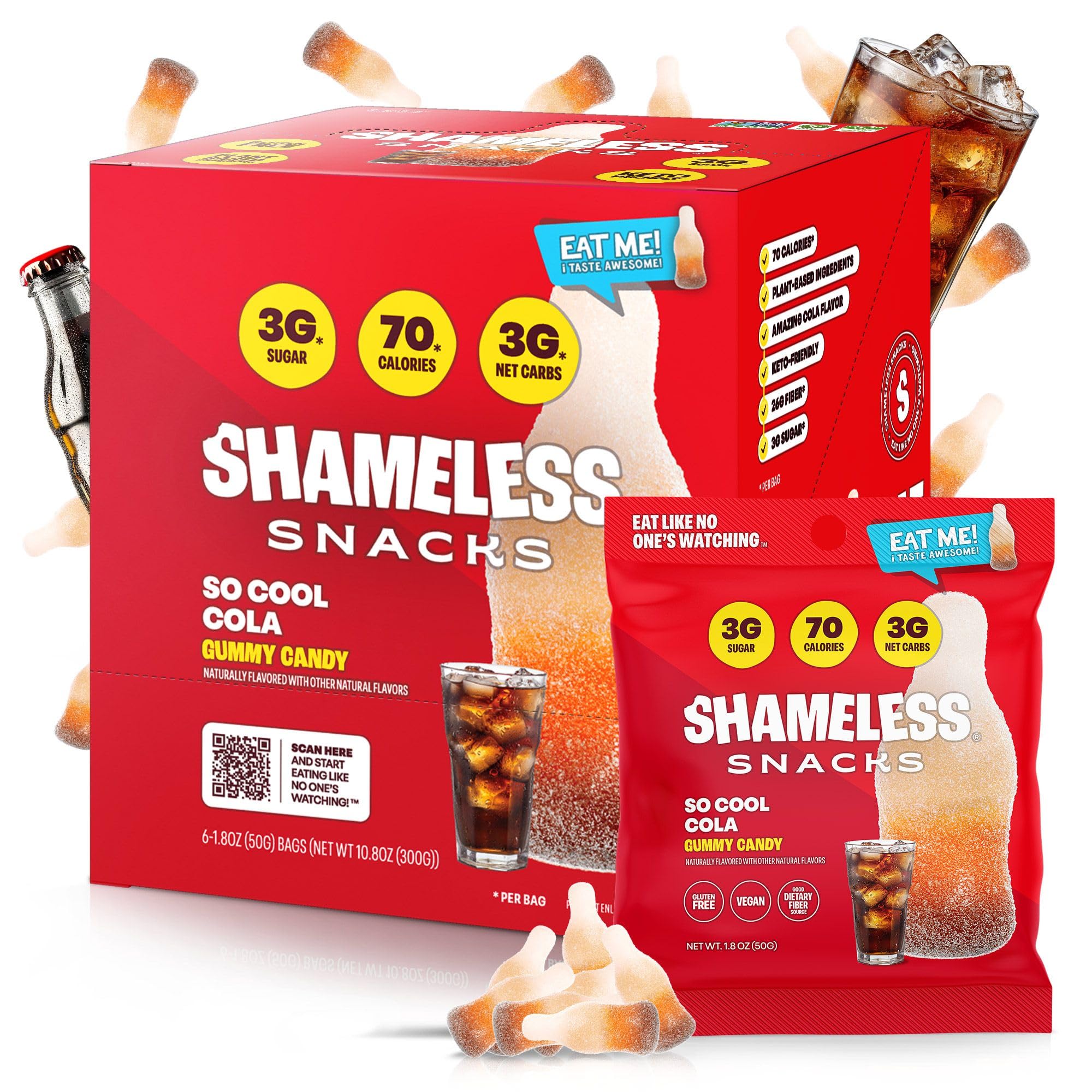 Shameless So Cool Cola gummy in a bag, convenient on-the-go snack.