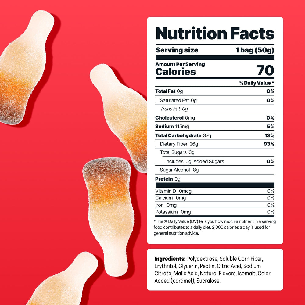 Shameless So Cool Cola gummy closeup reveals soft, chewy texture.