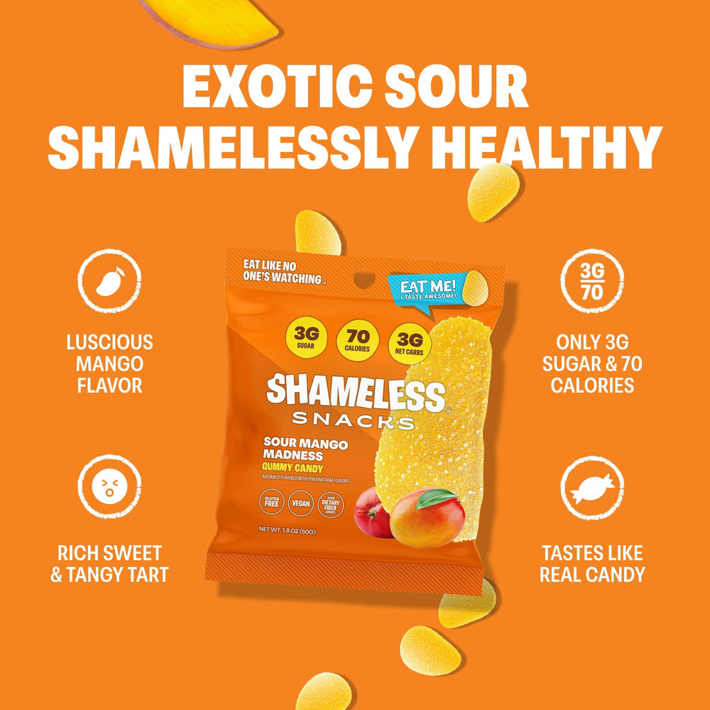Shameless Sour Mango Madness candy close-up shows soft chewy texture
