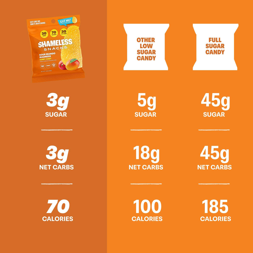 Shameless Sour Mango Madness packaging detail confirms vegan and gluten-free