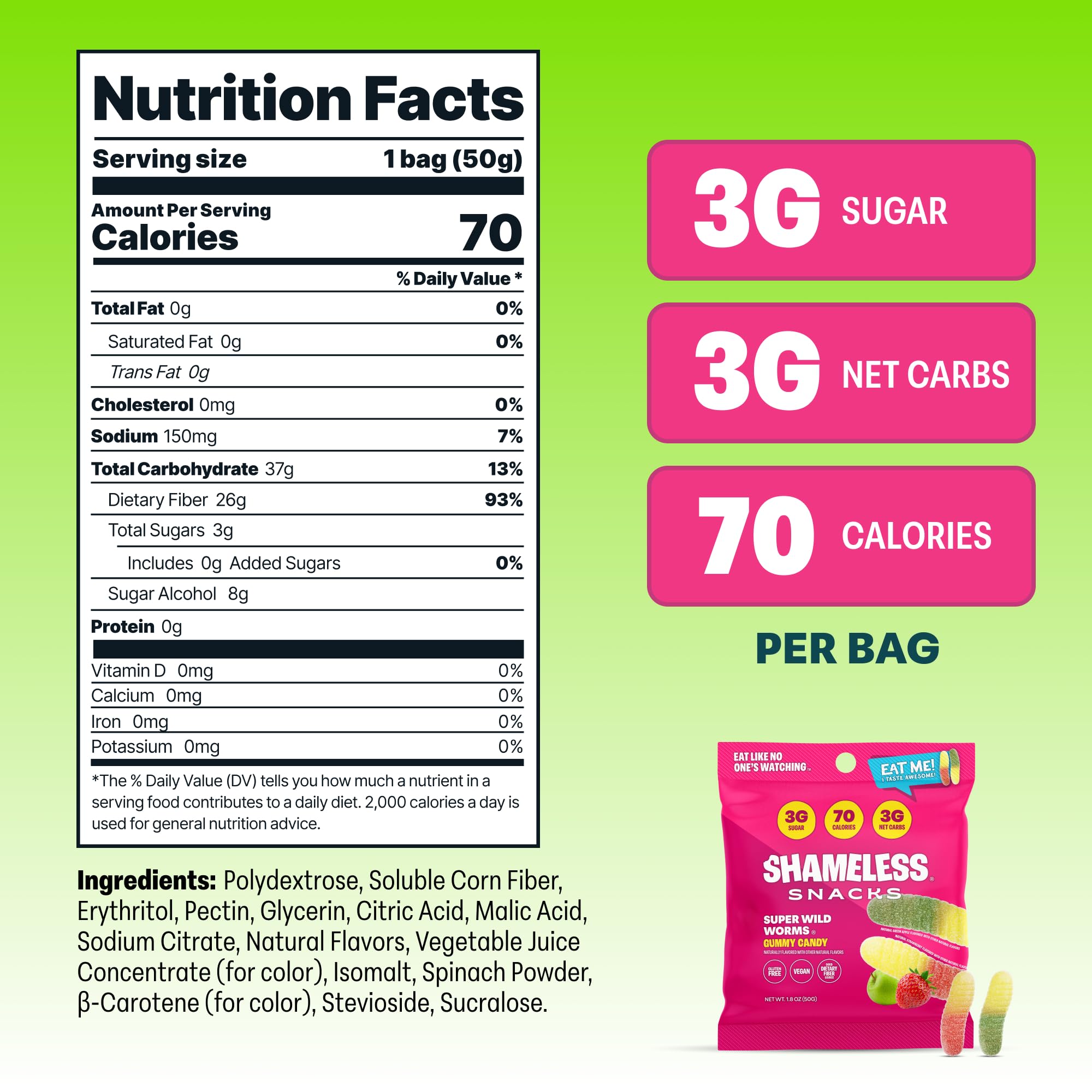 Shameless Wild Worms bag tilted to show keto-friendly candy
