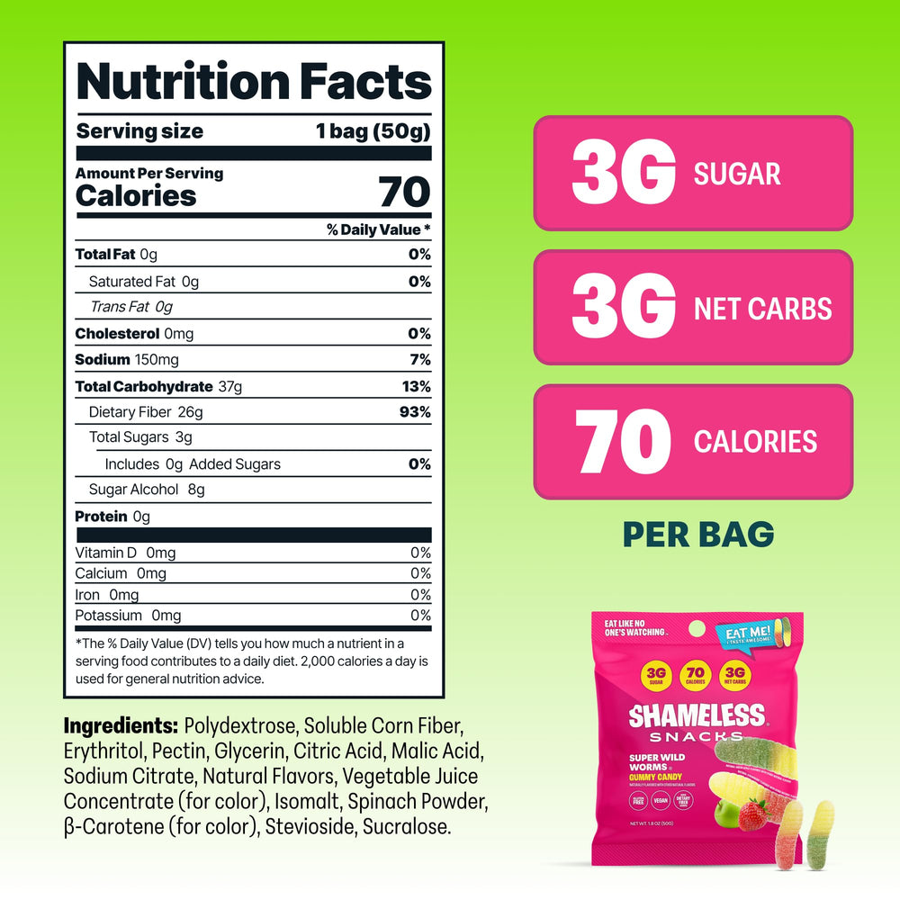 Shameless Wild Worms bag tilted to show keto-friendly candy
