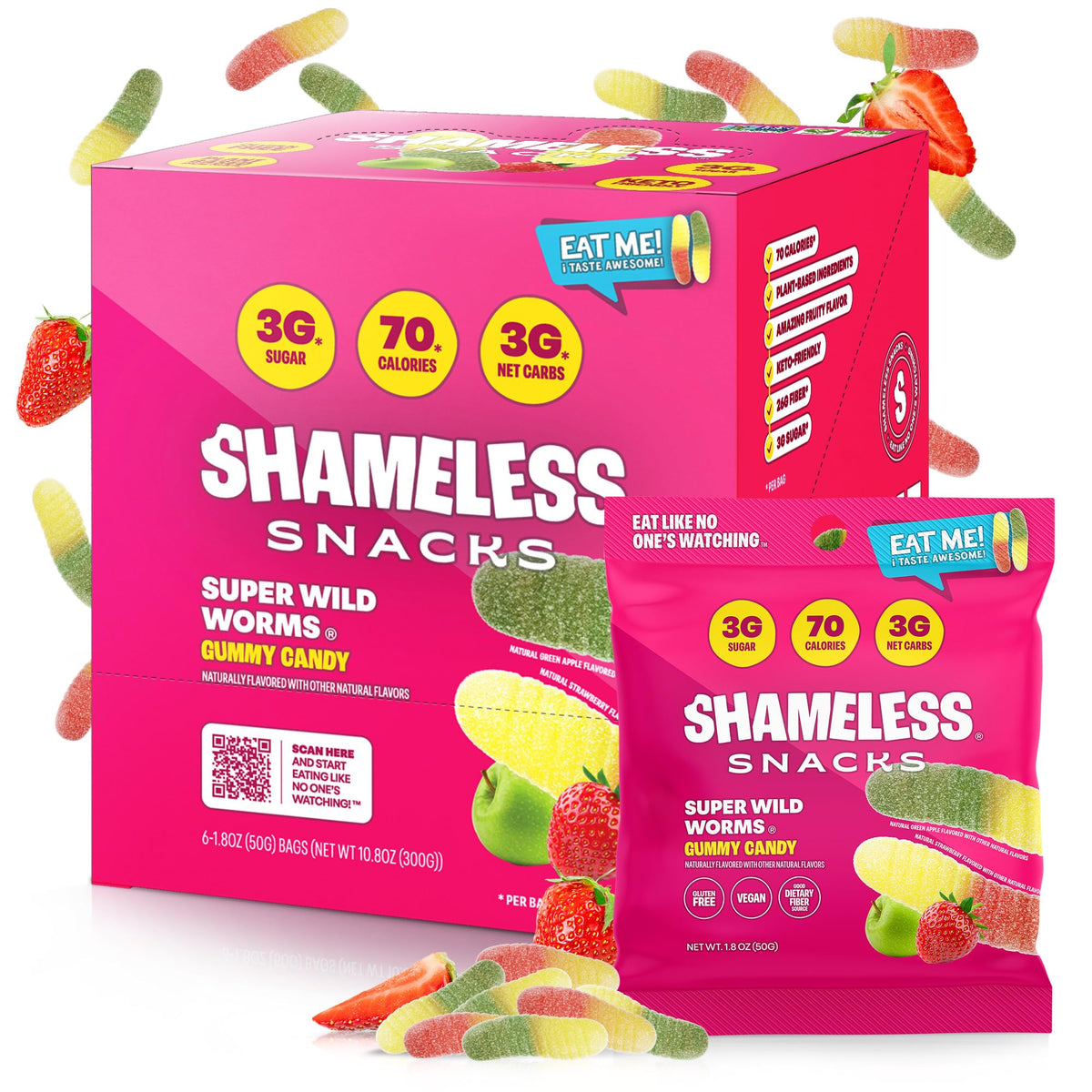 Shameless Wild Worms pack closeup of low-calorie gummies
