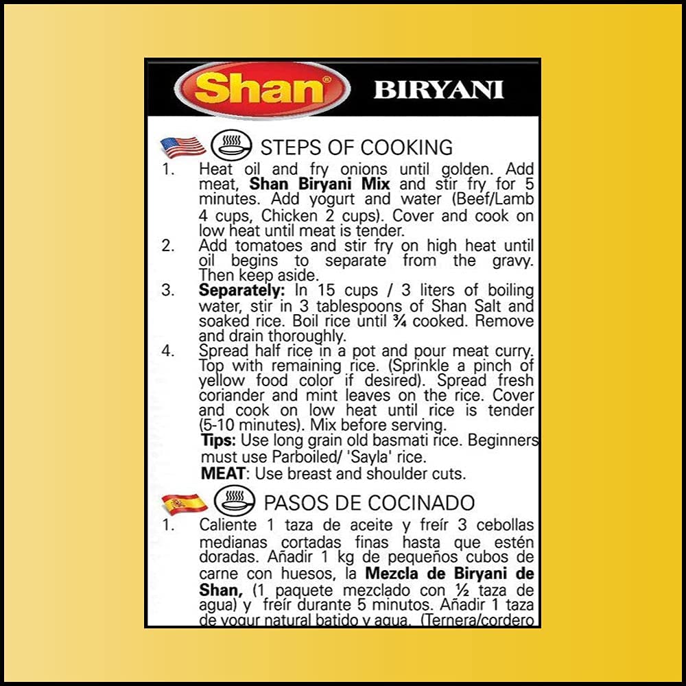Shan Biryani Masala pack of three sachets enables quick, flavorful meal prep.