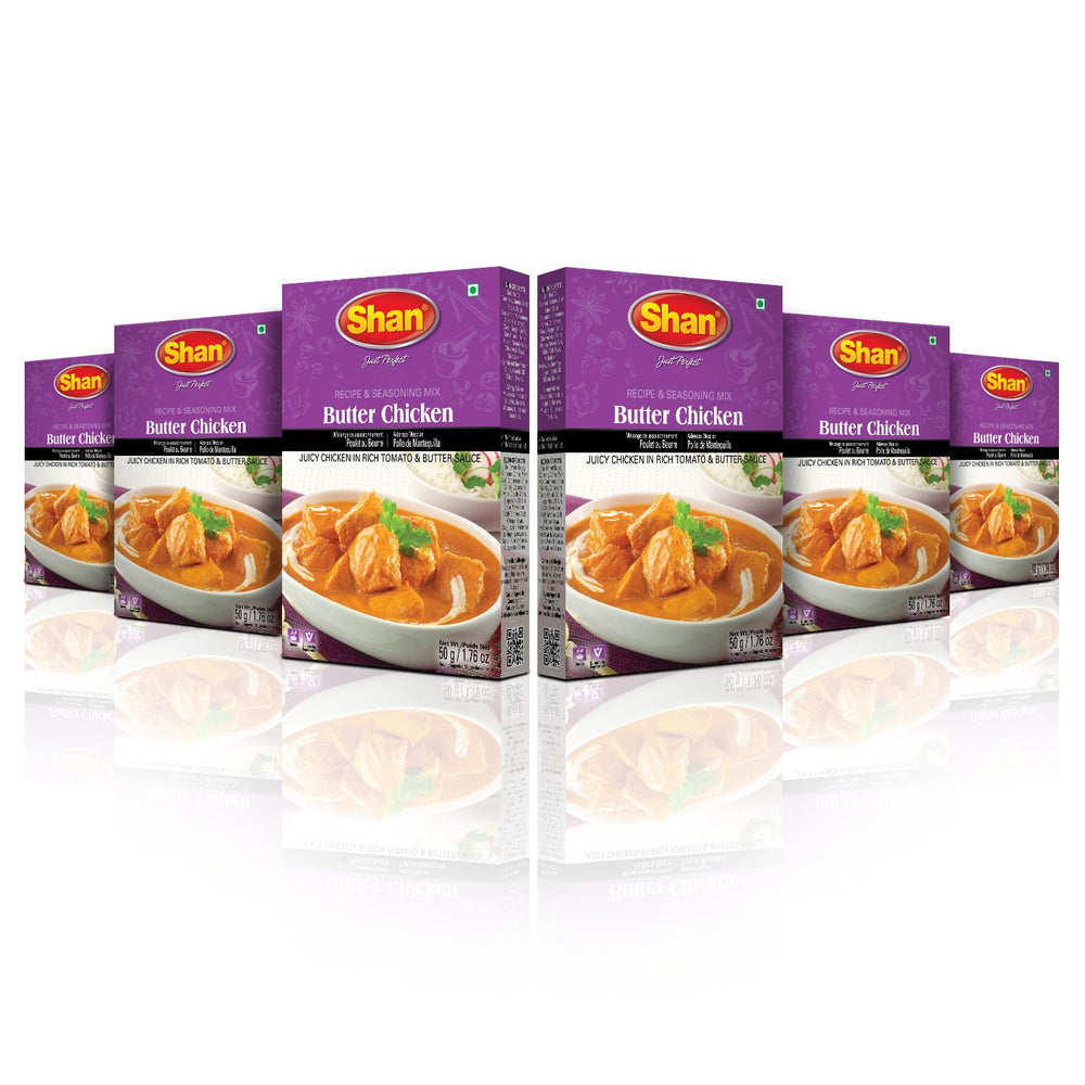 Shan Butter Chicken Mix box shows a 6-pack for quick, authentic curry at home.