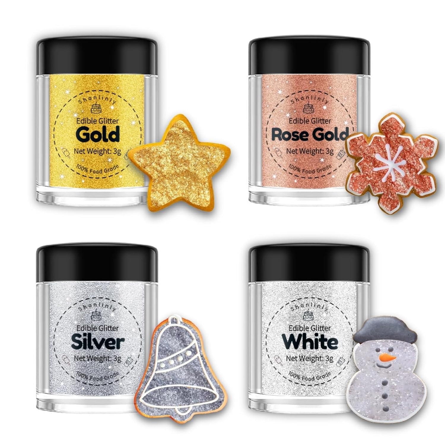 Shanlinly gold edible glitter in a 3 g bottle adds festive shine to desserts.