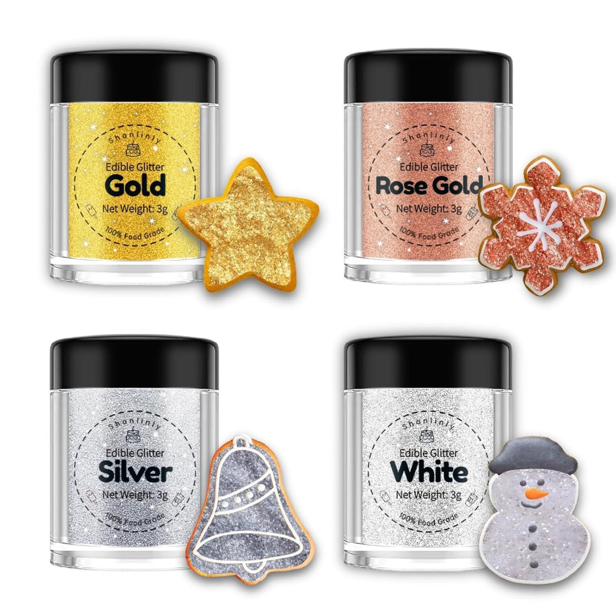 Shanlinly gold edible glitter in a 3 g bottle adds festive shine to desserts.