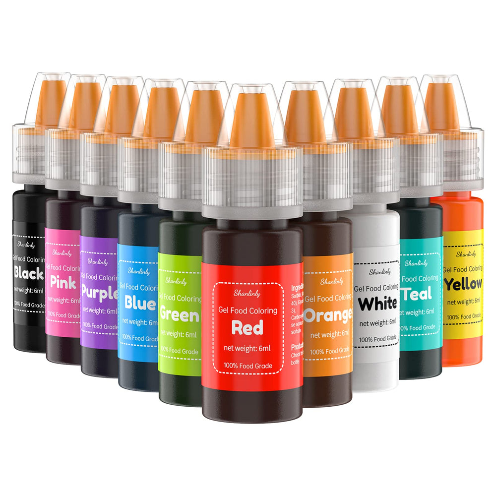 Shanlinly gel food coloring kit packaging shows rich colors for baking projects.