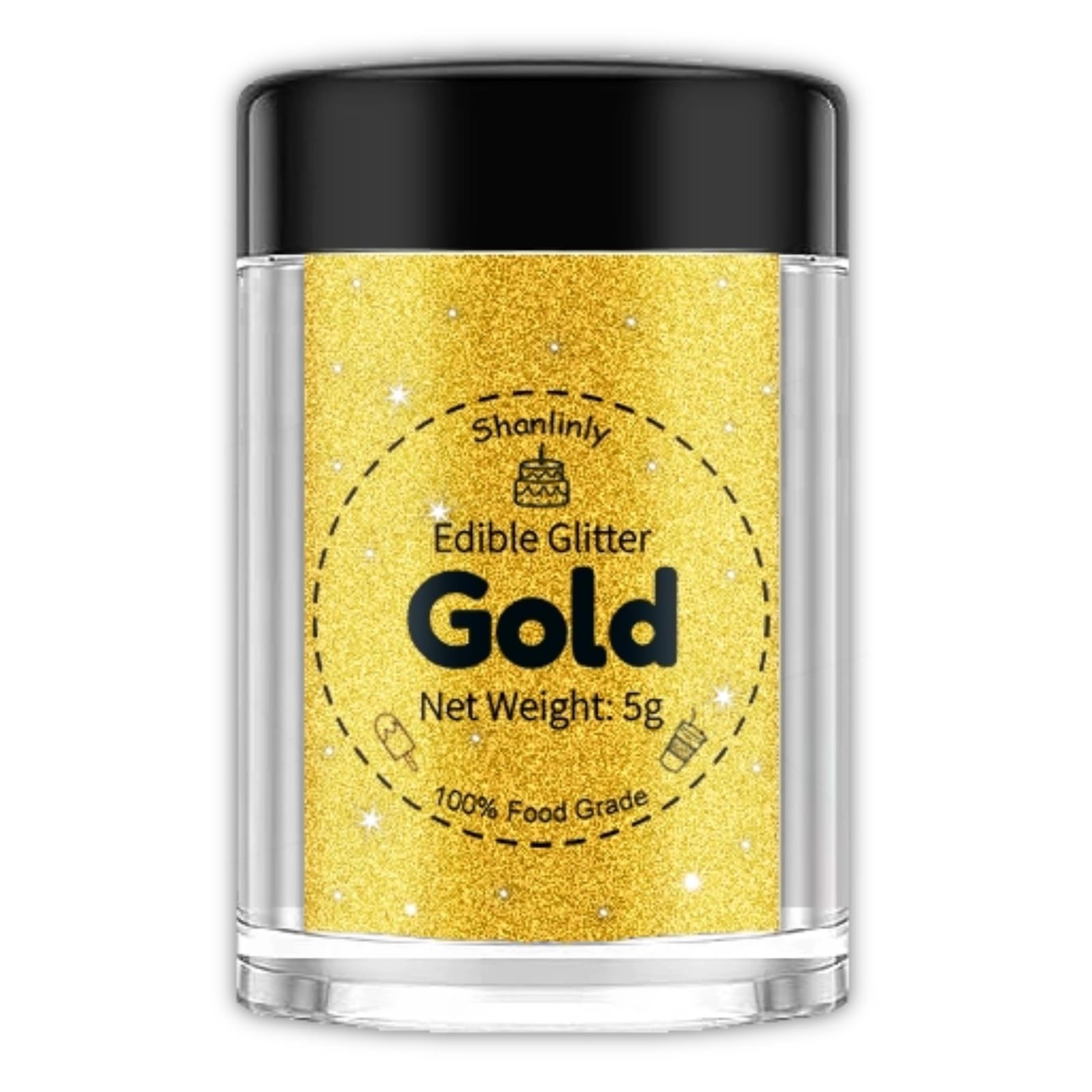 Shanlinly Gold Edible Glitter bottle pour adds shimmering gold for drinks and desserts.