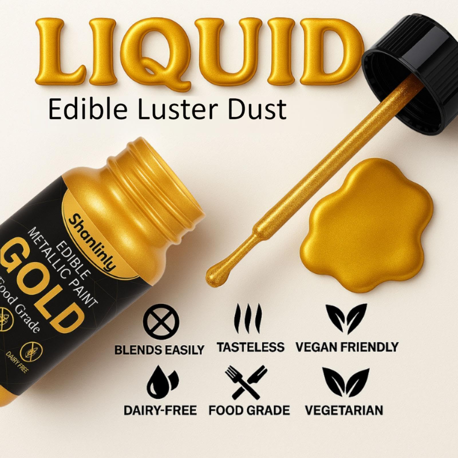 Shanlinly gold edible luster dust on brush highlights smooth, mess-free decorating for cookies