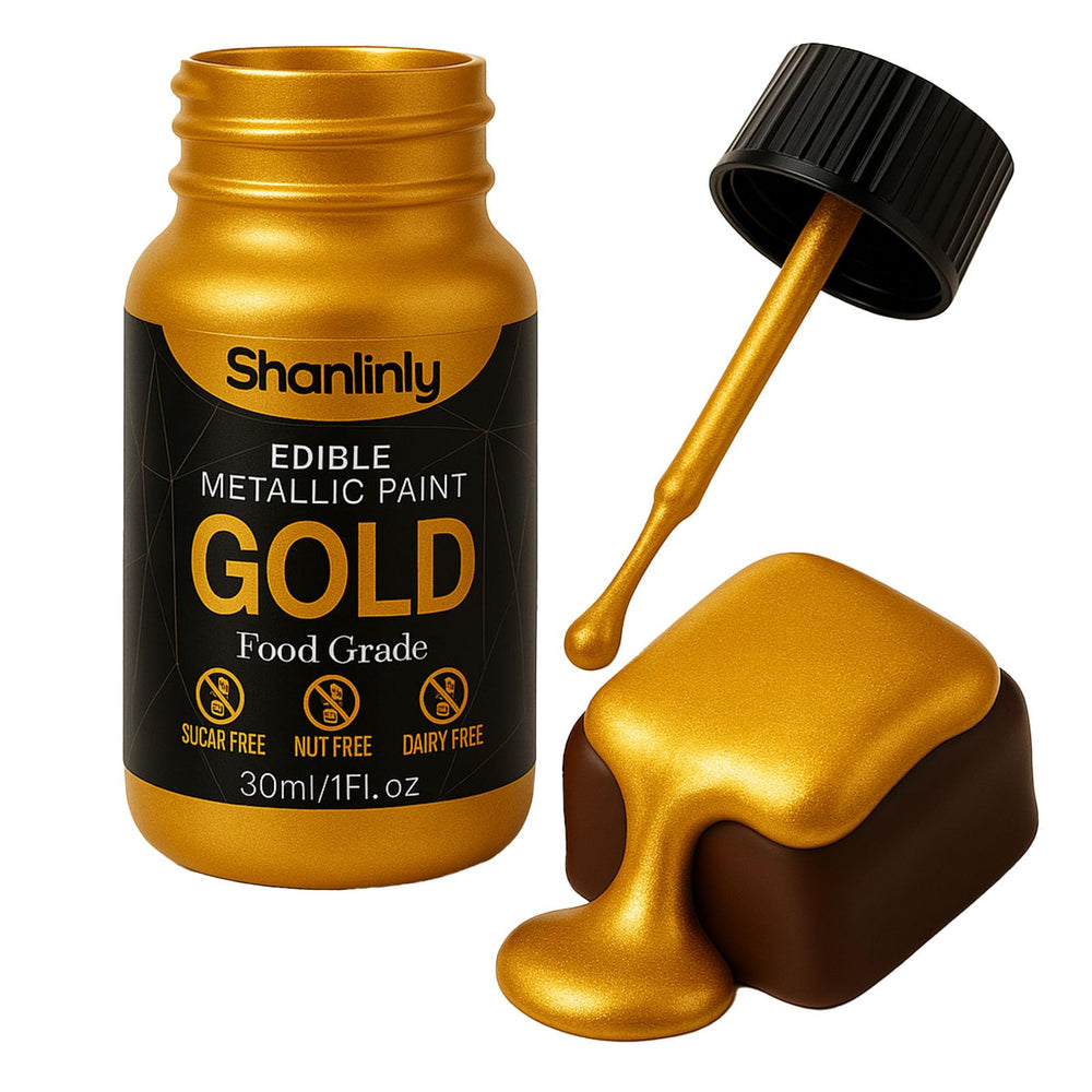 Shanlinly gold edible luster dust bottle closeup demonstrates rich metallic shine for cakes