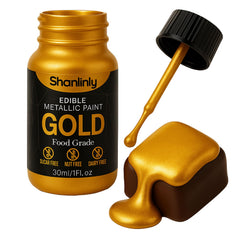 Shanlinly gold edible luster dust bottle closeup demonstrates rich metallic shine for cakes