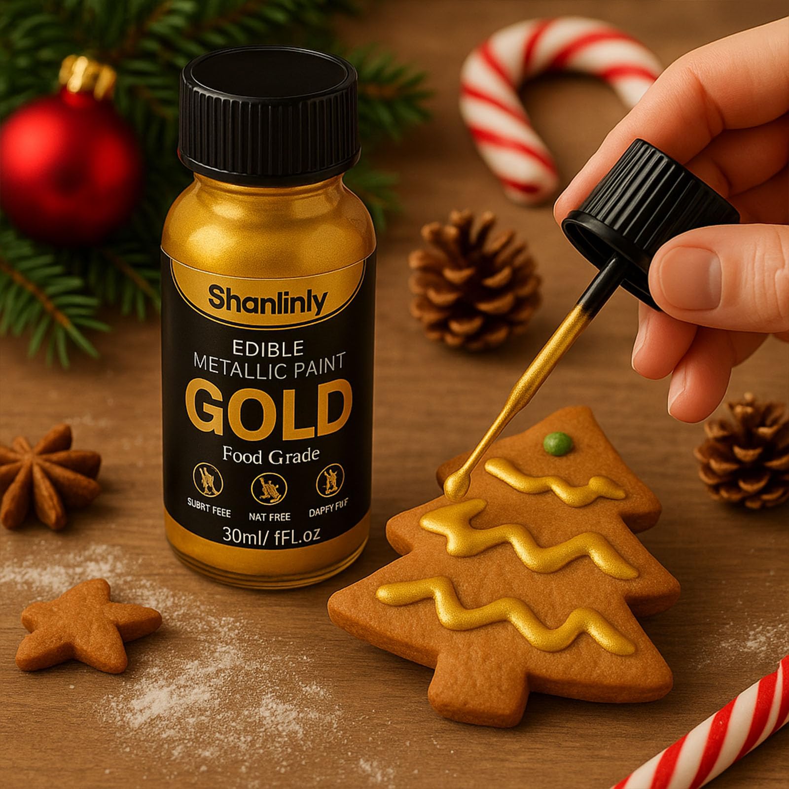 Shanlinly gold edible luster dust display with cupcakes and cake finish