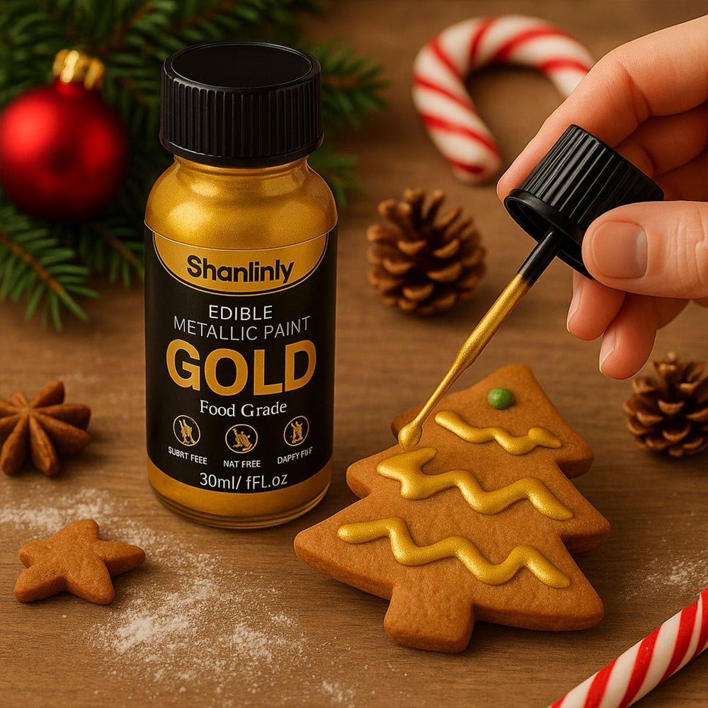 Shanlinly gold edible luster dust display with cupcakes and cake finish