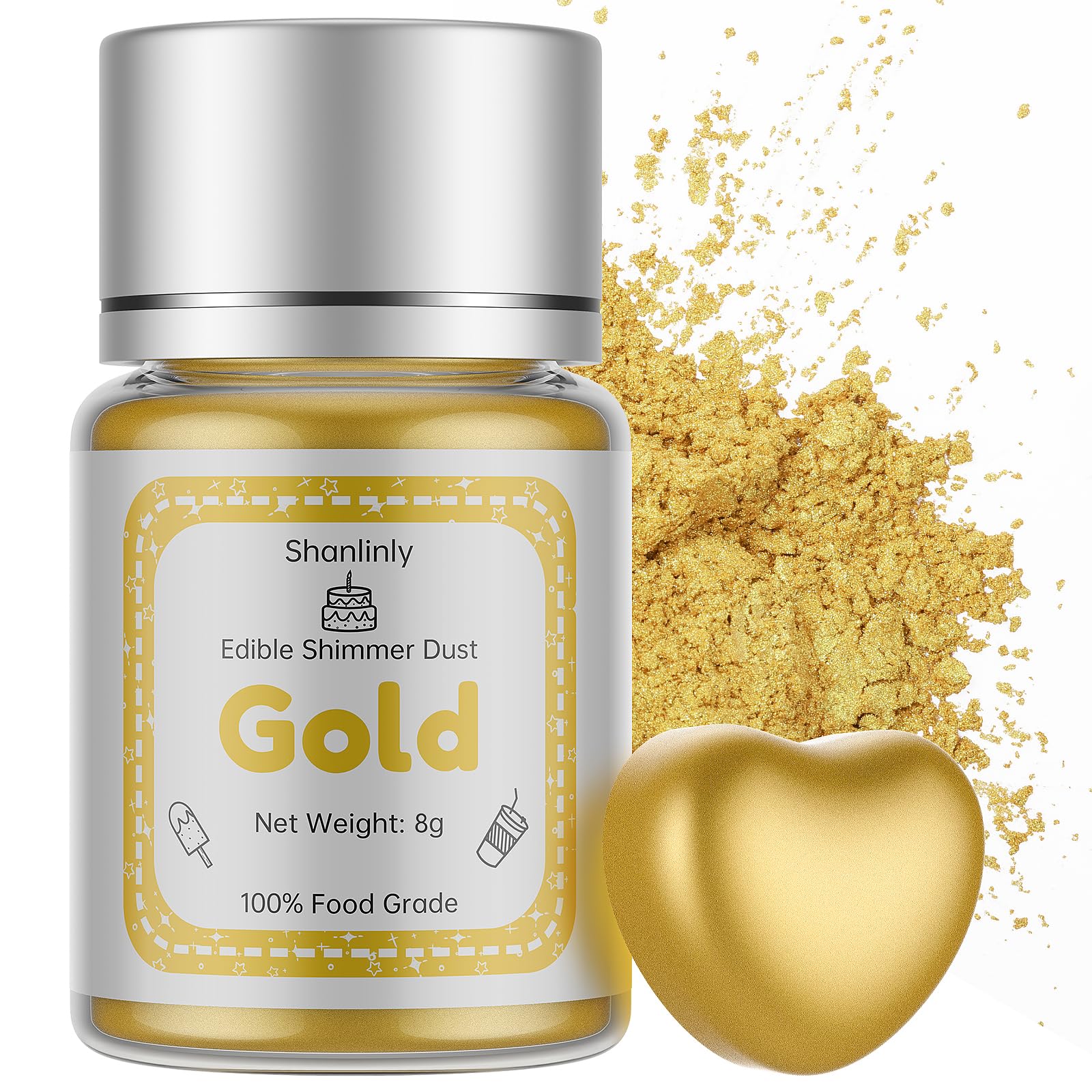 Shanlinly Gold Luster Dust 8g packaging showing premium edible shimmer finish.