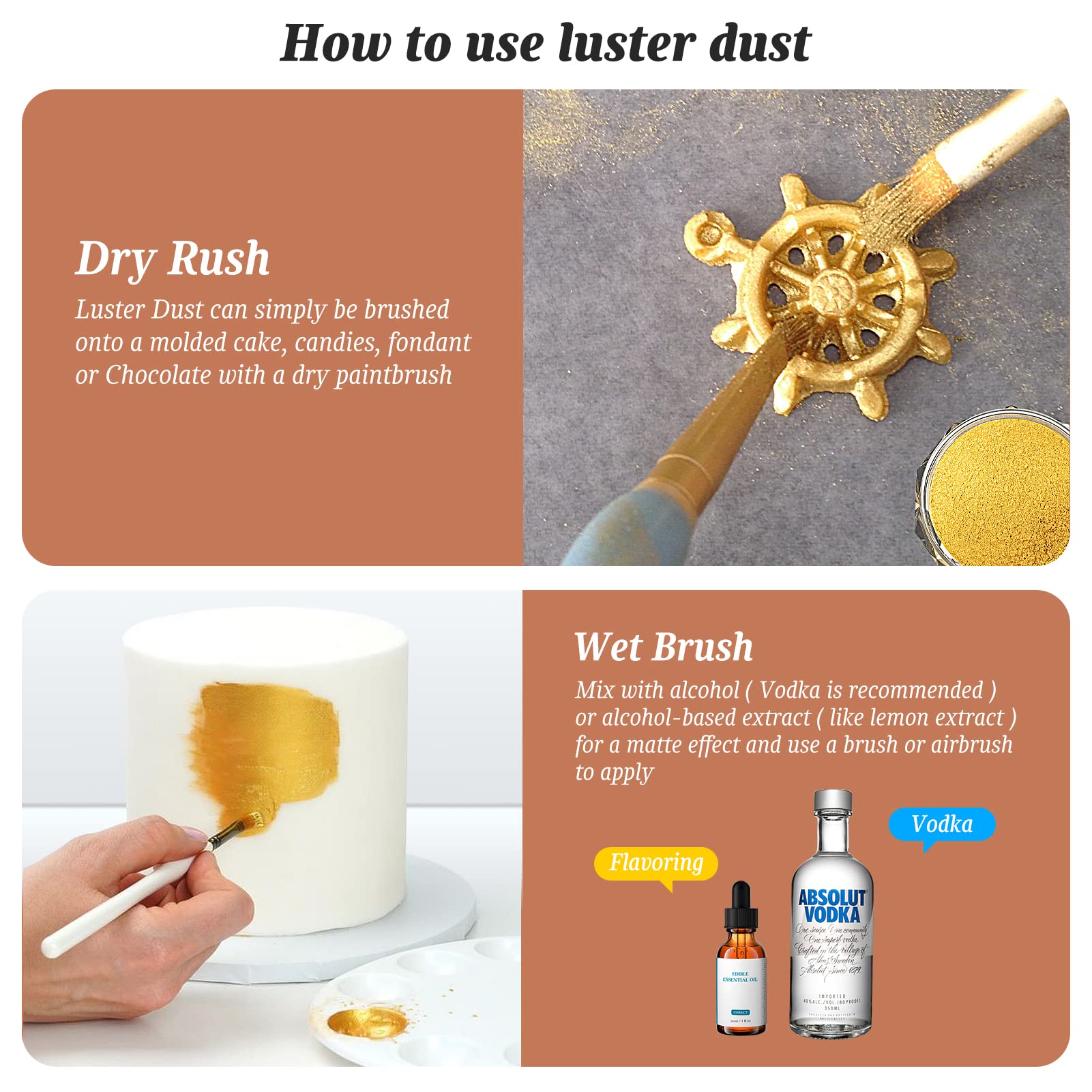 Shanlinly Gold Luster Dust enhances cakes, cookies, and desserts with gold sheen.