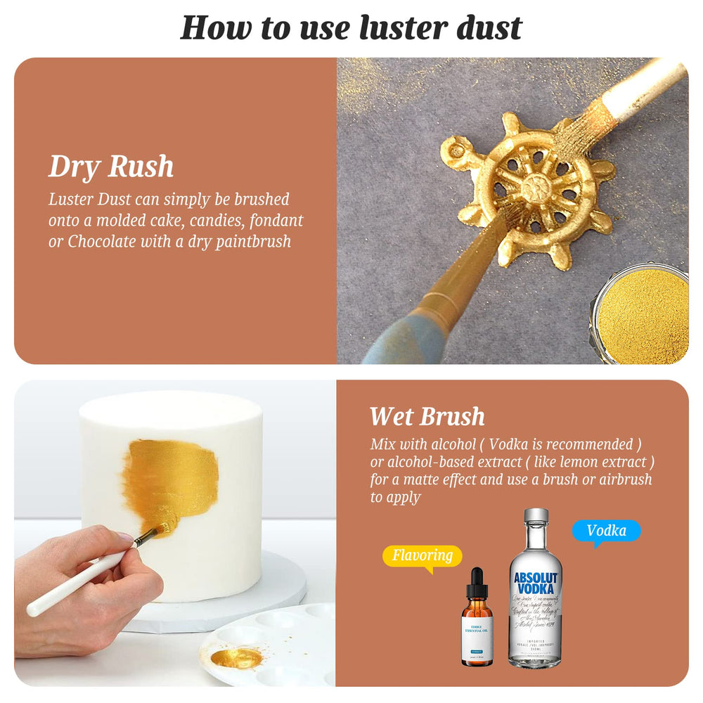 Shanlinly Gold Luster Dust enhances cakes, cookies, and desserts with gold sheen.