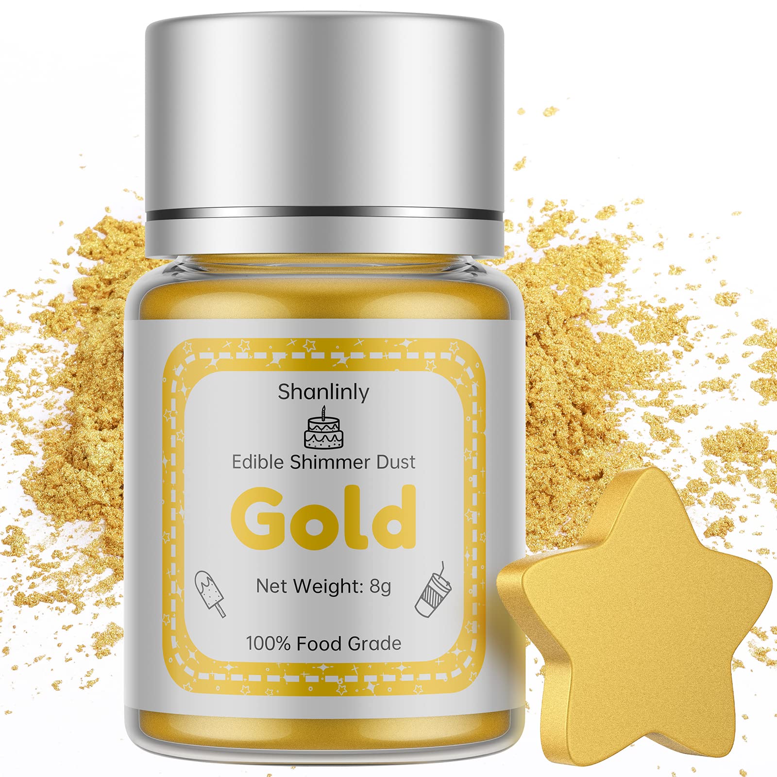 Shanlinly Gold Luster Dust jar shimmering for cake decorating.