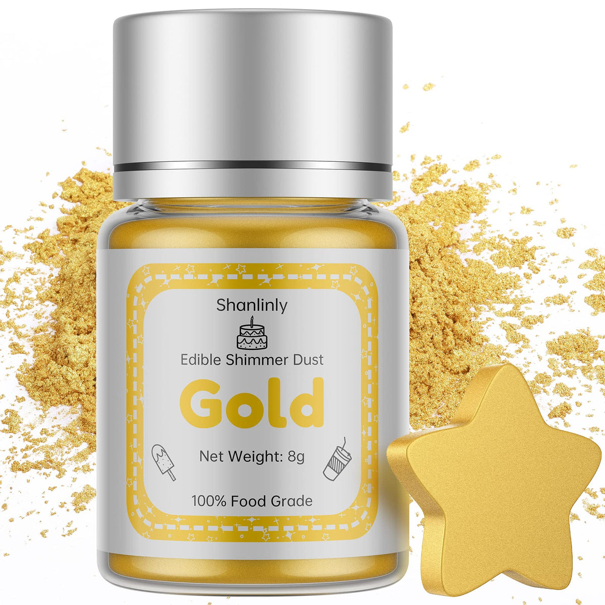 Shanlinly Gold Luster Dust jar shimmering for cake decorating.