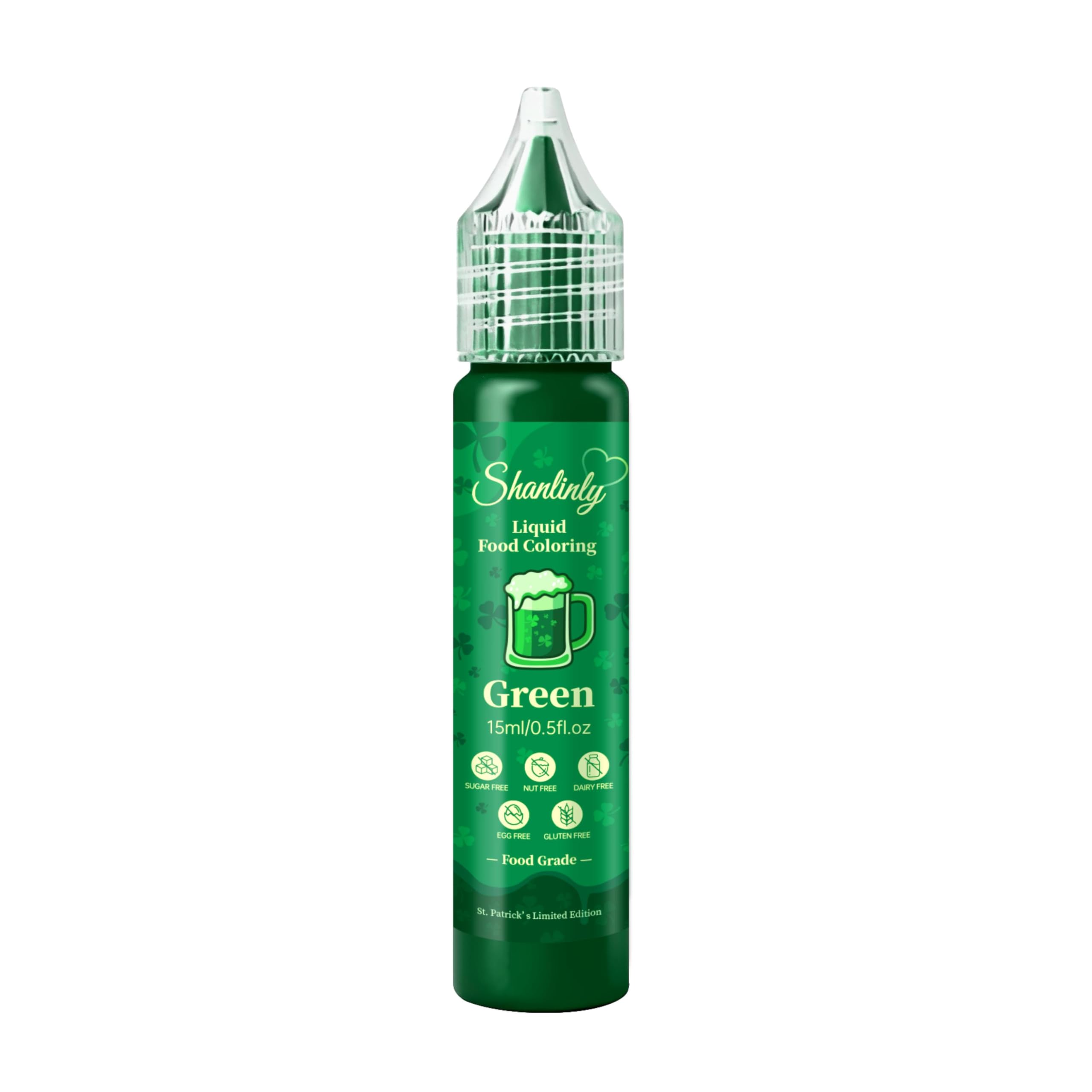 Shanlinly St. Patrick's green dye bottle pour for precise color control in baking