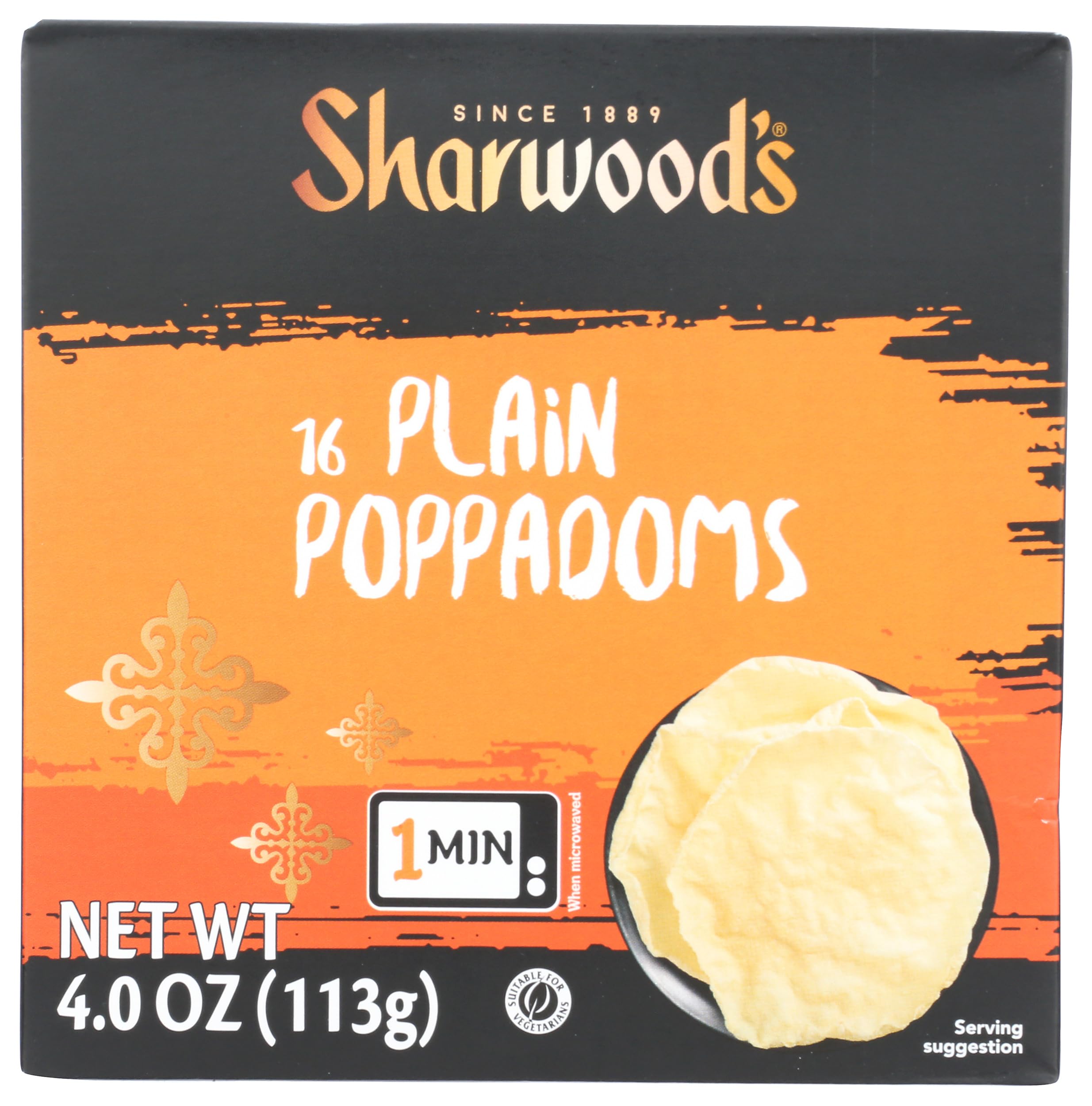 Sharwood's Poppadum 4oz packaging highlights a crisp, ready-to-serve snack.