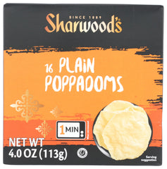 Sharwood's Poppadum 4oz packaging highlights a crisp, ready-to-serve snack.