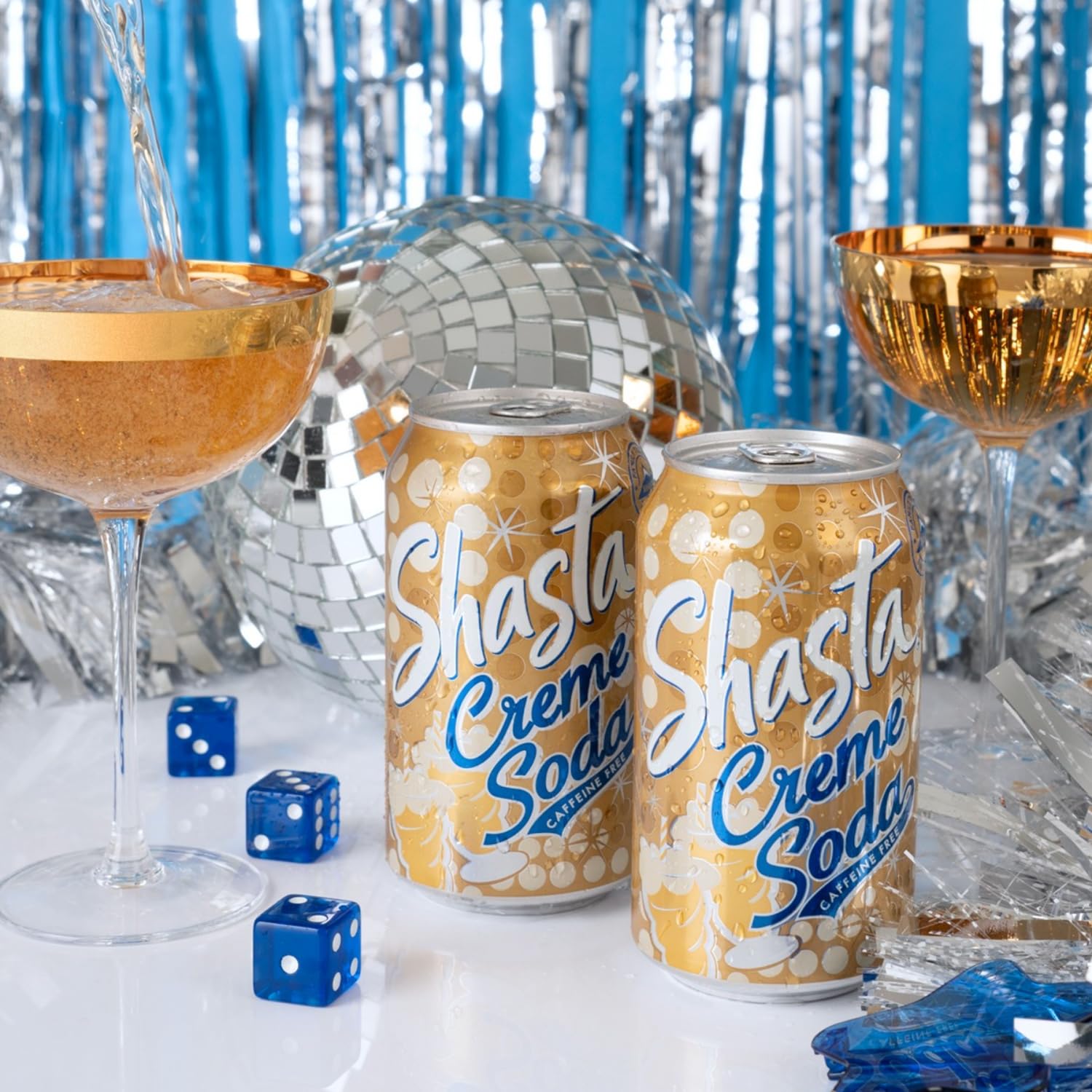 Ice-cold Shasta Creme Soda being poured for a refreshing serve.