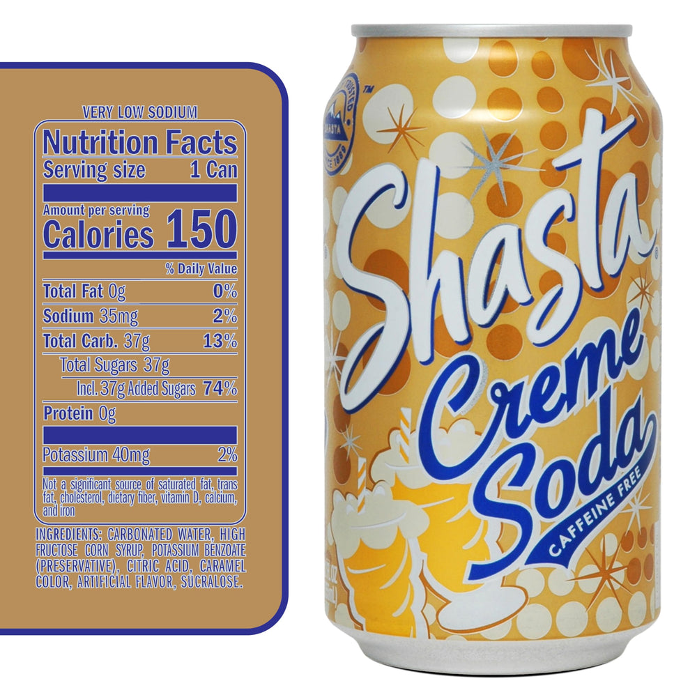 Shasta Creme Soda vanilla cream flavor close-up, nostalgic taste for desserts.