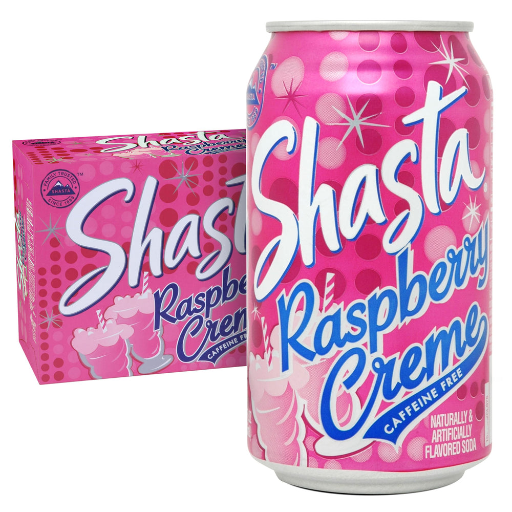 Shasta Raspberry Cream can front view, a fruity, caffeine-free refreshment for any moment.