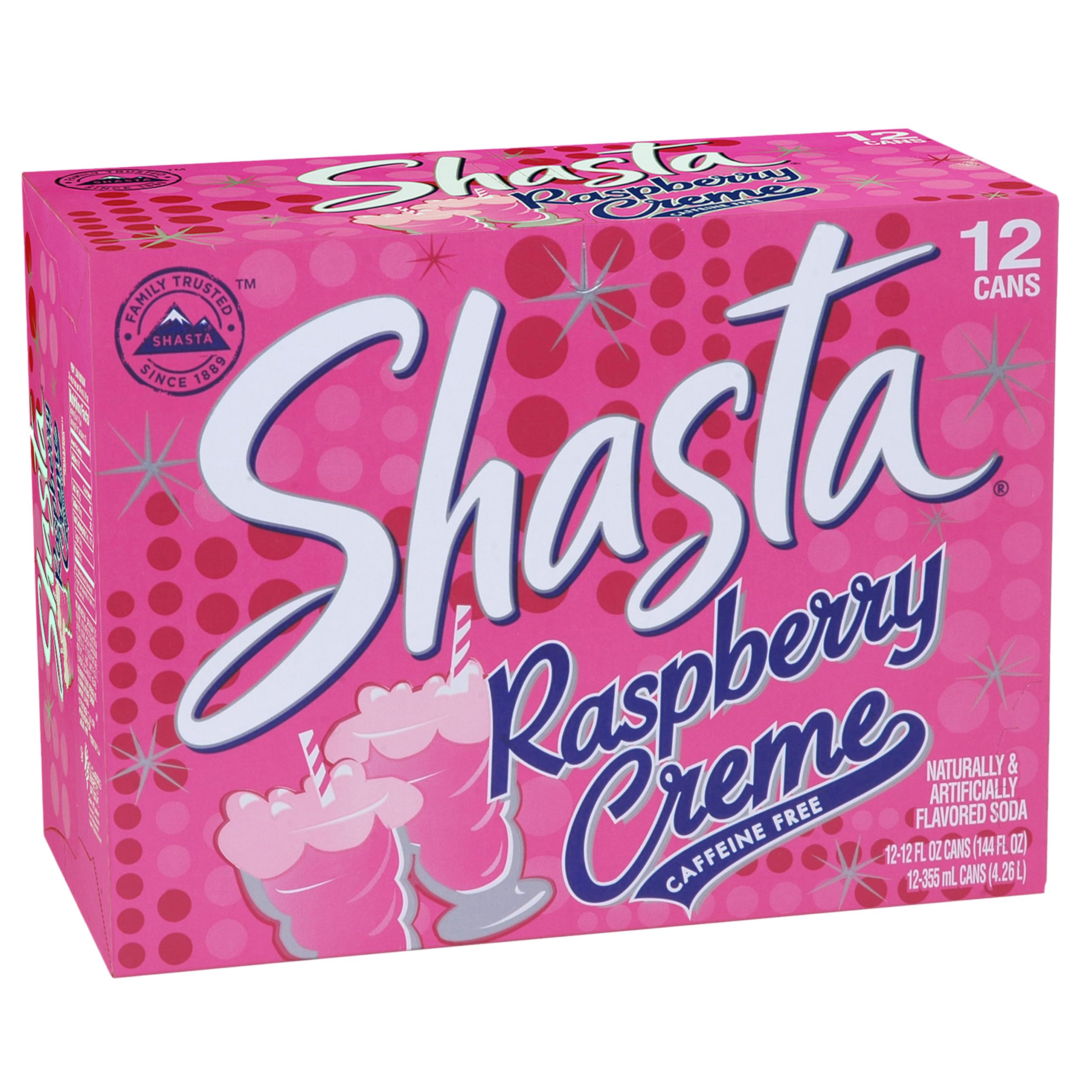 Shasta Raspberry Cream 12-pack view, ideal for gatherings and on-the-go sips.