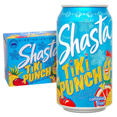 Shasta Tiki Punch 12-pack cans on shelf, ready for gatherings.