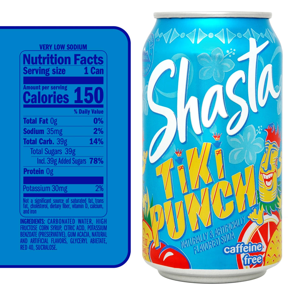 Shasta Tiki Punch poured into a glass over ice, refreshing tropical flavor.