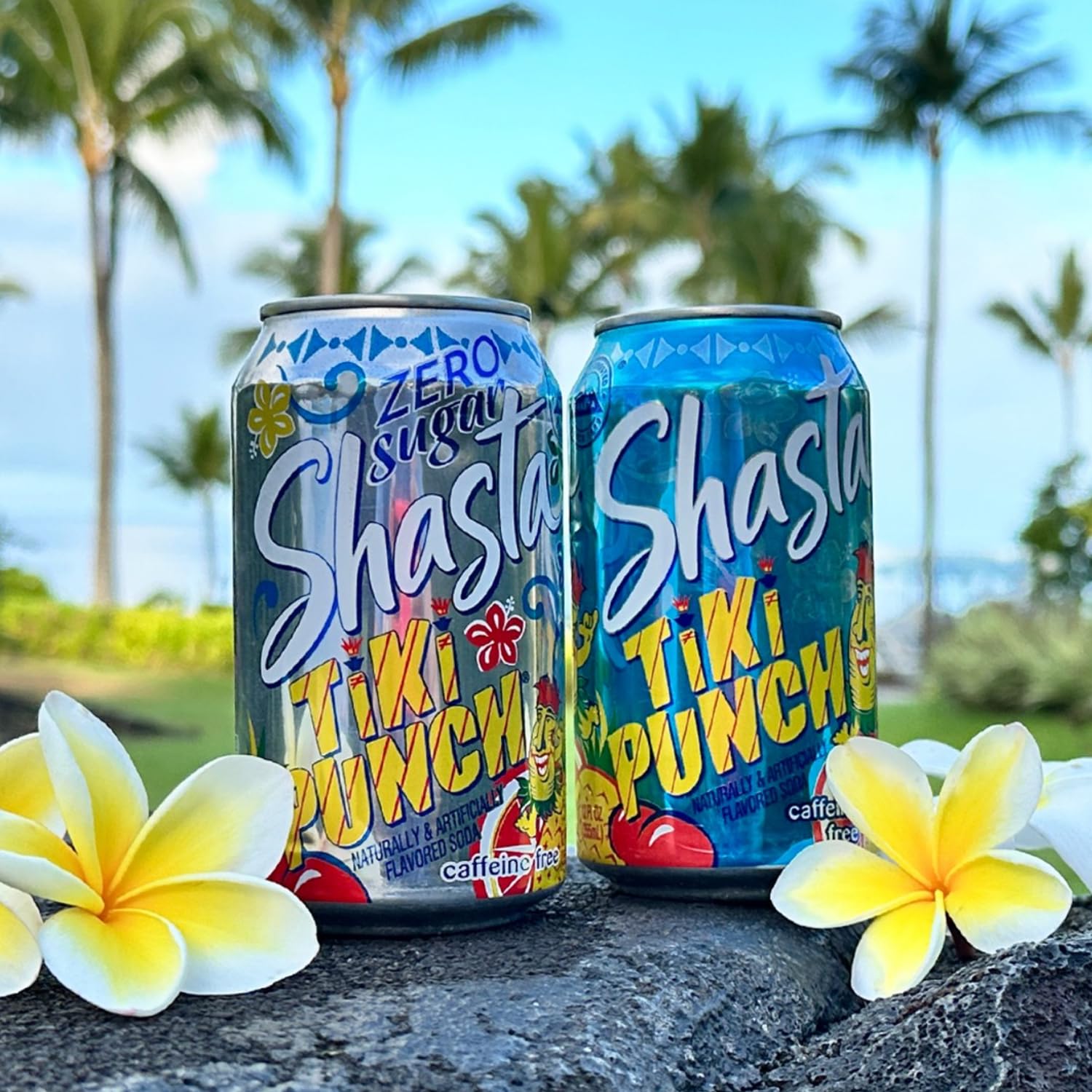 Shasta Tiki Punch set against a sunny tropical backdrop, poolside appeal.