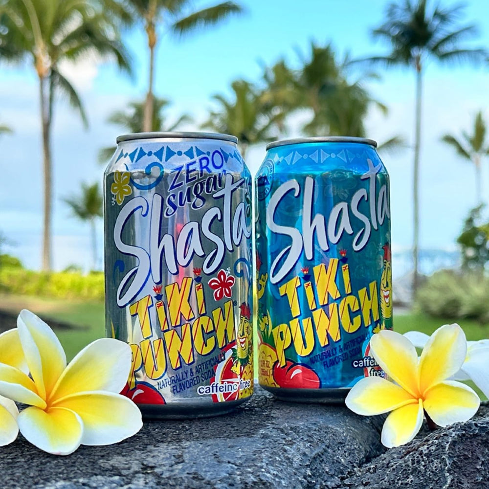 Shasta Tiki Punch set against a sunny tropical backdrop, poolside appeal.