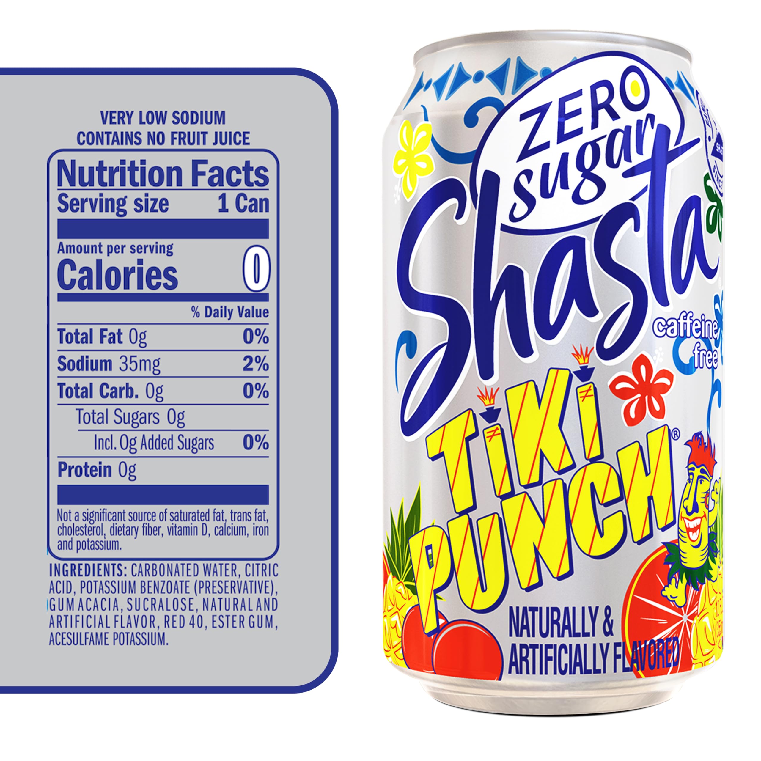 Shasta Zero Sugar Tiki Punch 12-pack on shelf, ideal for parties