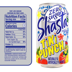Shasta Zero Sugar Tiki Punch 12-pack on shelf, ideal for parties