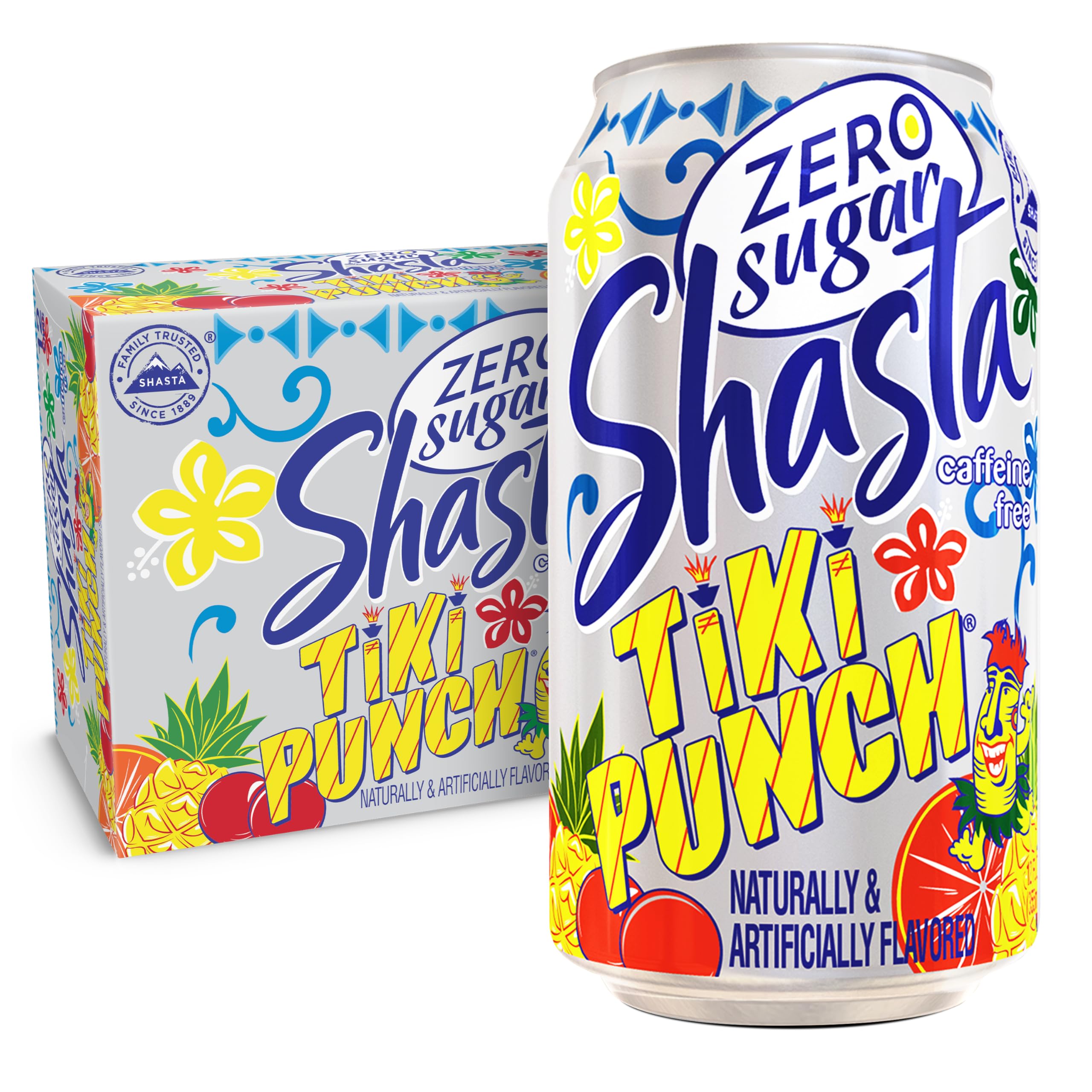 Shasta Zero Sugar Tiki Punch can front view, sugar-free tropical flavor ready to sip