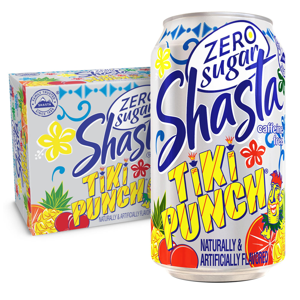 Shasta Zero Sugar Tiki Punch can front view, sugar-free tropical flavor ready to sip