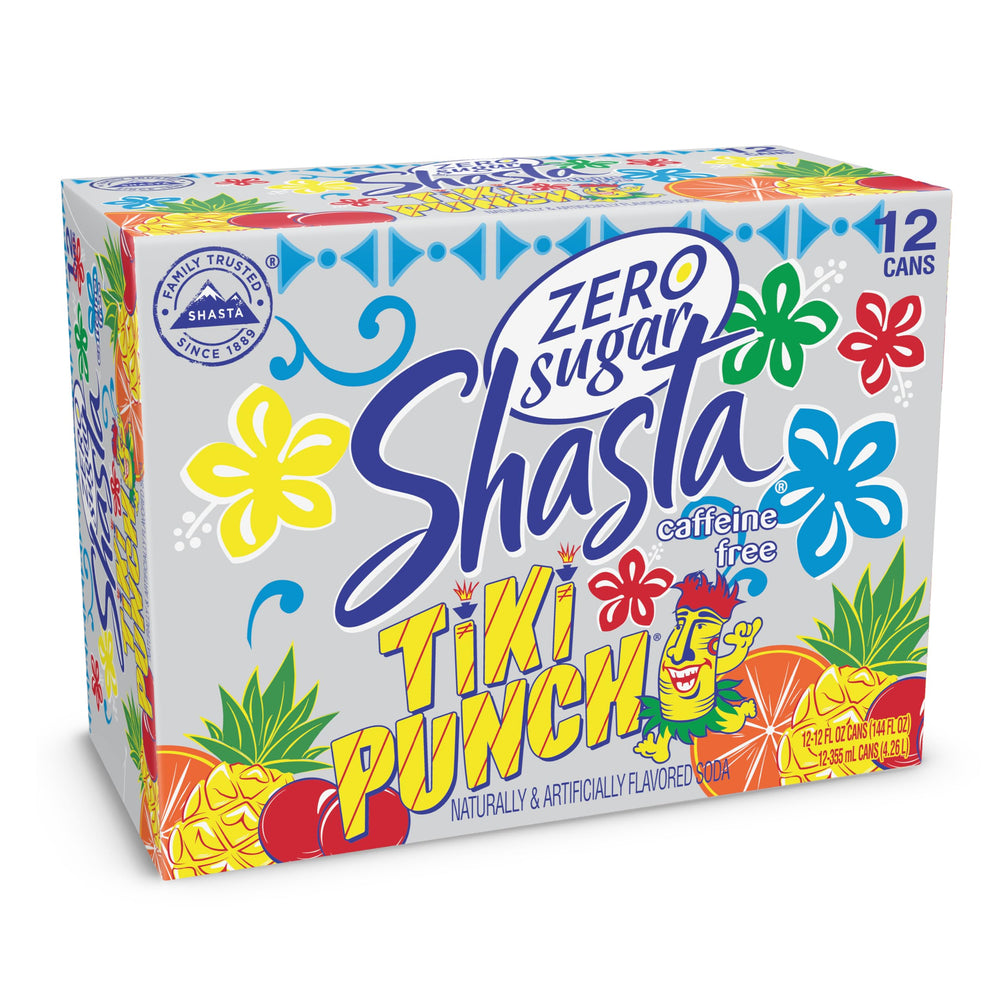 Shasta Zero Sugar Tiki Punch being poured over ice, vibrant tropical aroma