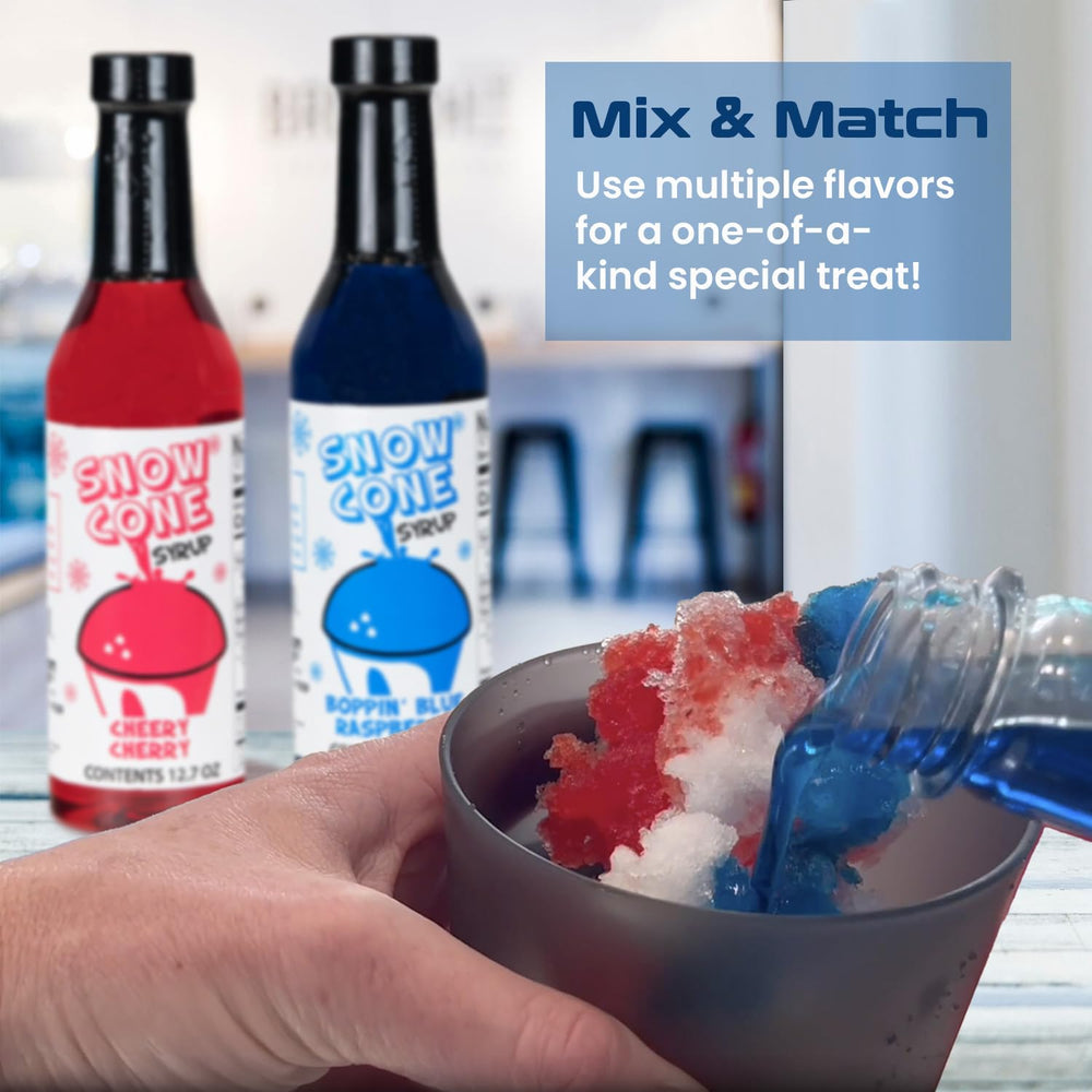 Shave Ice Syrups orange bottle adds sunny notes to shaved ice desserts.