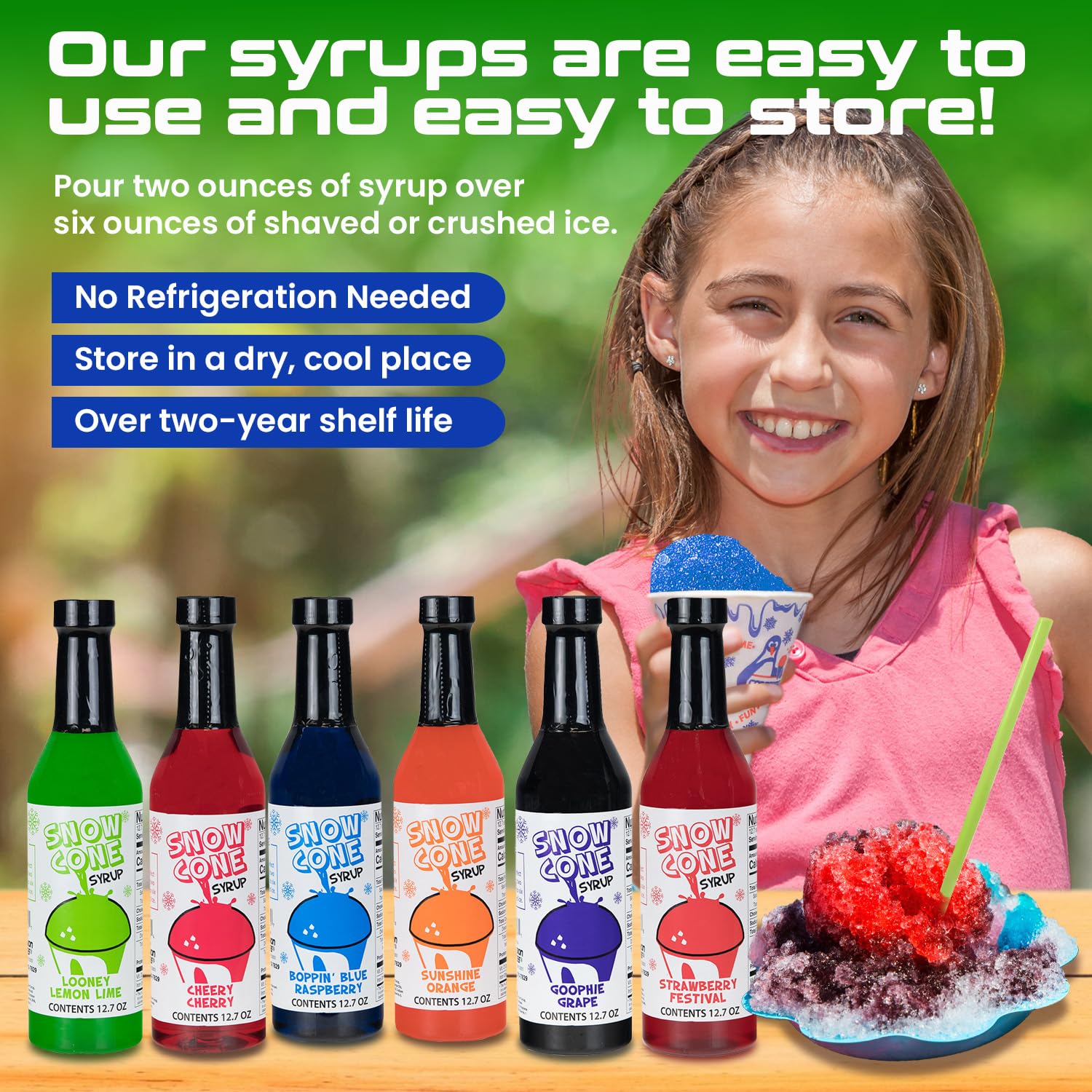 Shave Ice Syrups strawberry bottle for fruity, kid-friendly snow cones.