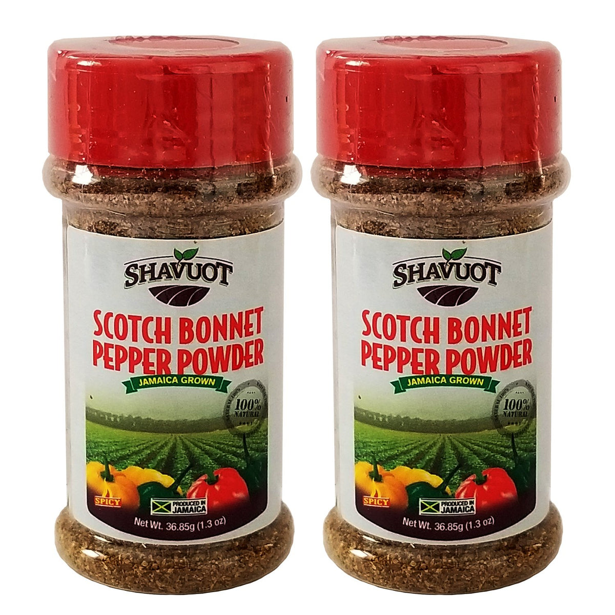 Shavuot Scotch Bonnet pepper powder jar front view showing authentic Jamaican heat
