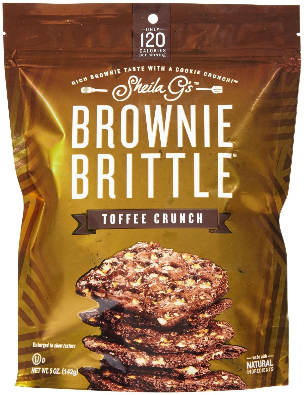 Sheila G's Brownie Brittle Toffee Crunch pack shot, premium ingredients for a luxe snack.