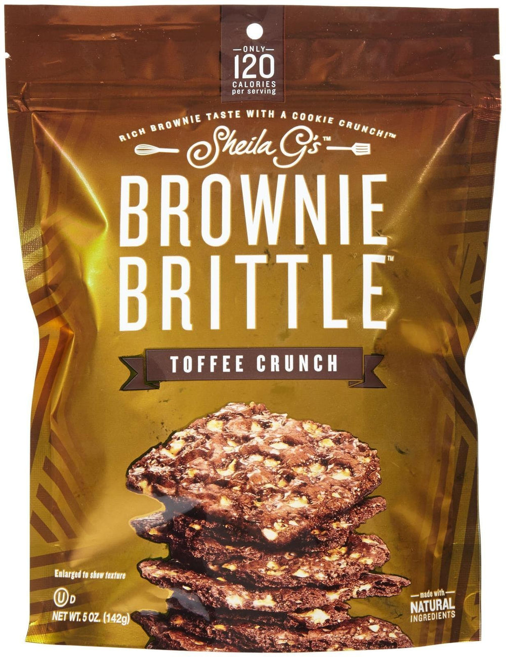 Sheila G's Brownie Brittle Toffee Crunch pack shot, premium ingredients for a luxe snack.