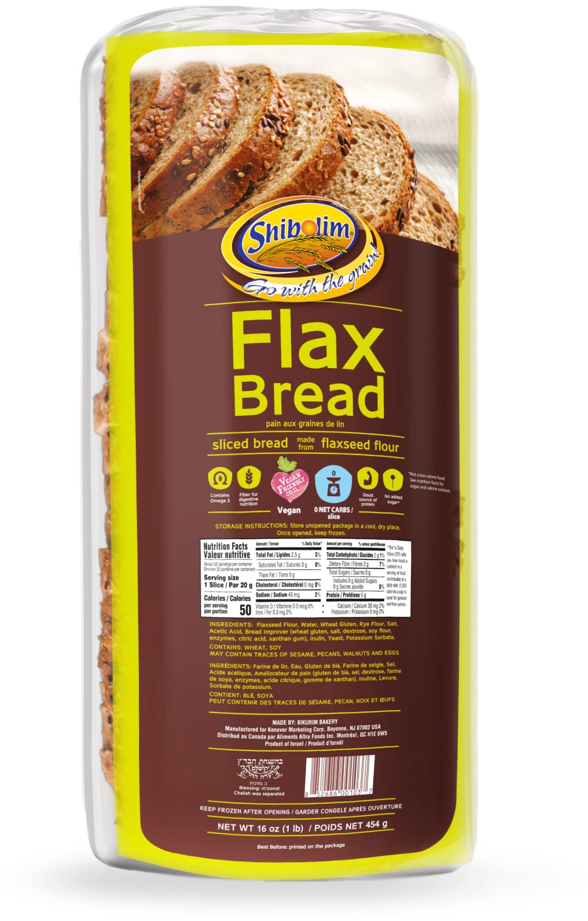 Shibolim FlaxSeed Bread slice on plate showing low net carb option