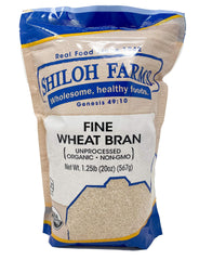 Shiloh Farms Organic Fine Wheat Bran packaging; convenient 20 oz size for fiber-rich baking.
